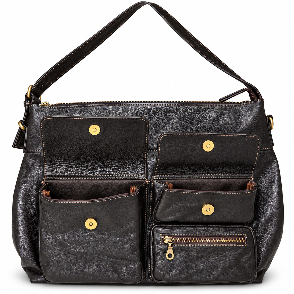 Black leather shoulder bag with open front pockets and organizers