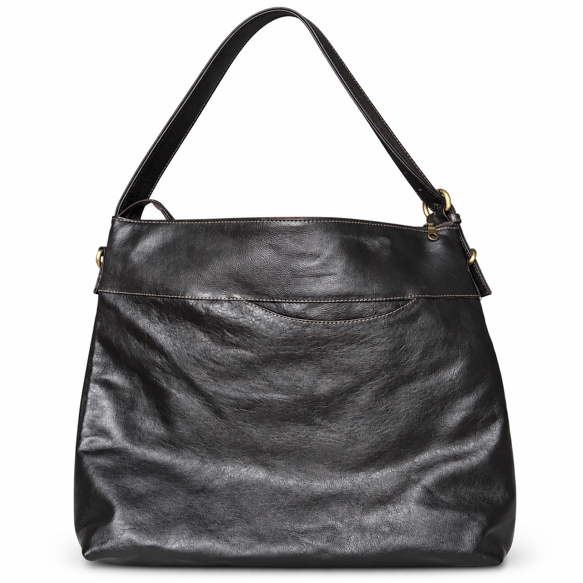 Studio product view of black leather multi-pocket hobo shoulder bag