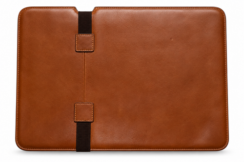 Alternate view of cognac brown leather laptop sleeve showing elastic strap
