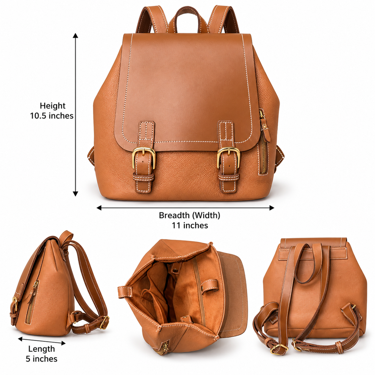 Dimension infographic for ZARVÉN Heritage tan brown leather backpack