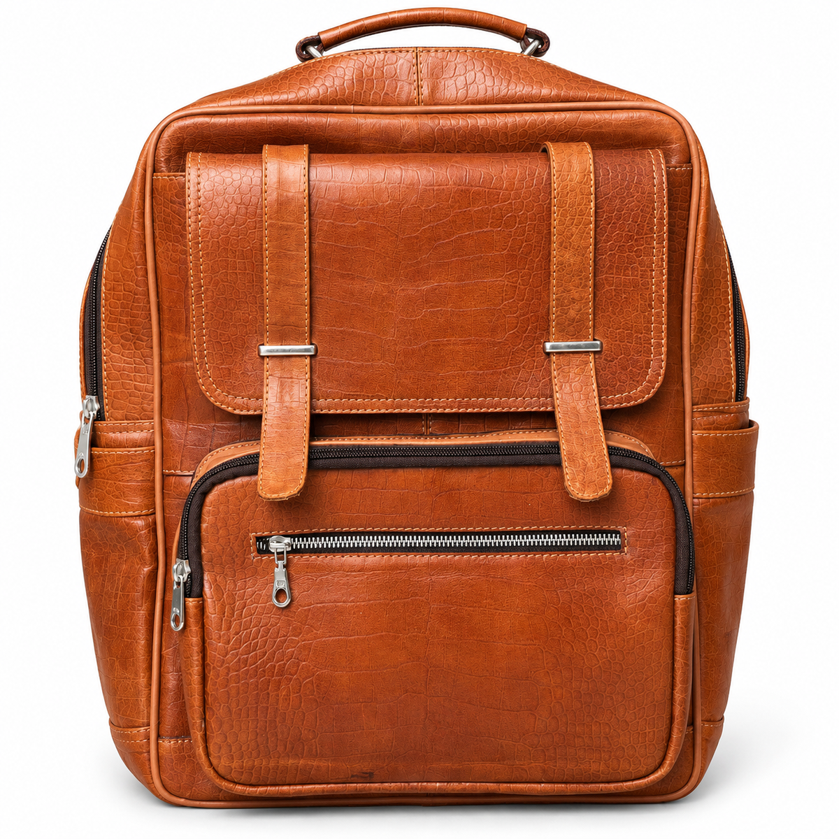 Front view of tan brown ZARVÉN croc-embossed leather backpack