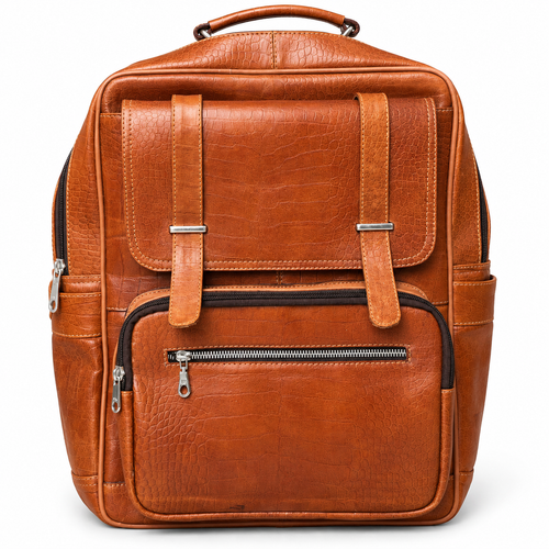 Front view of tan brown ZARVÉN croc-embossed leather backpack
