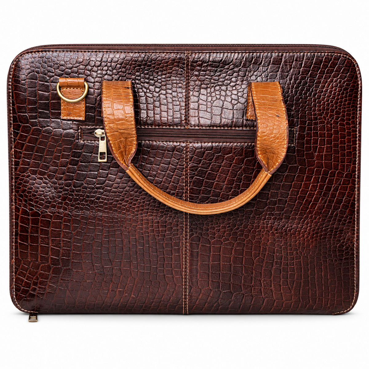 Rear view of brown croc embossed briefcase