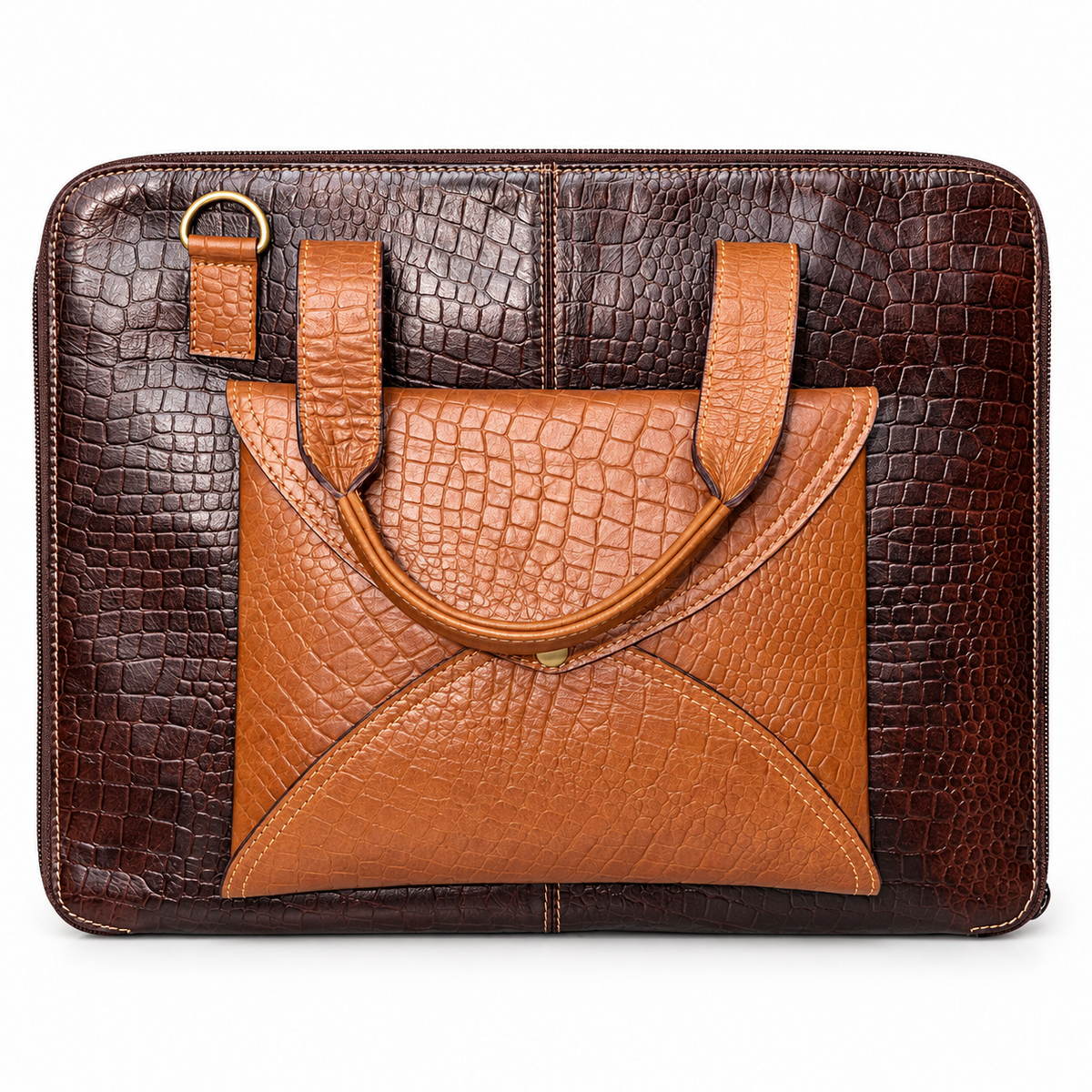 Front of two-tone brown croc embossed briefcase