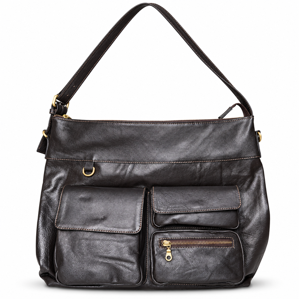 ZARVÉN black leather multi-pocket shoulder bag with gold-tone hardware