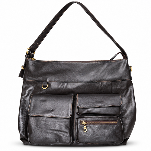 ZARVÉN black leather multi-pocket shoulder bag with gold-tone hardware