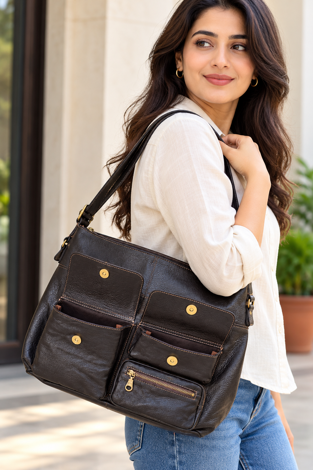 Lifestyle portrait featuring a black ZARVÉN leather shoulder bag