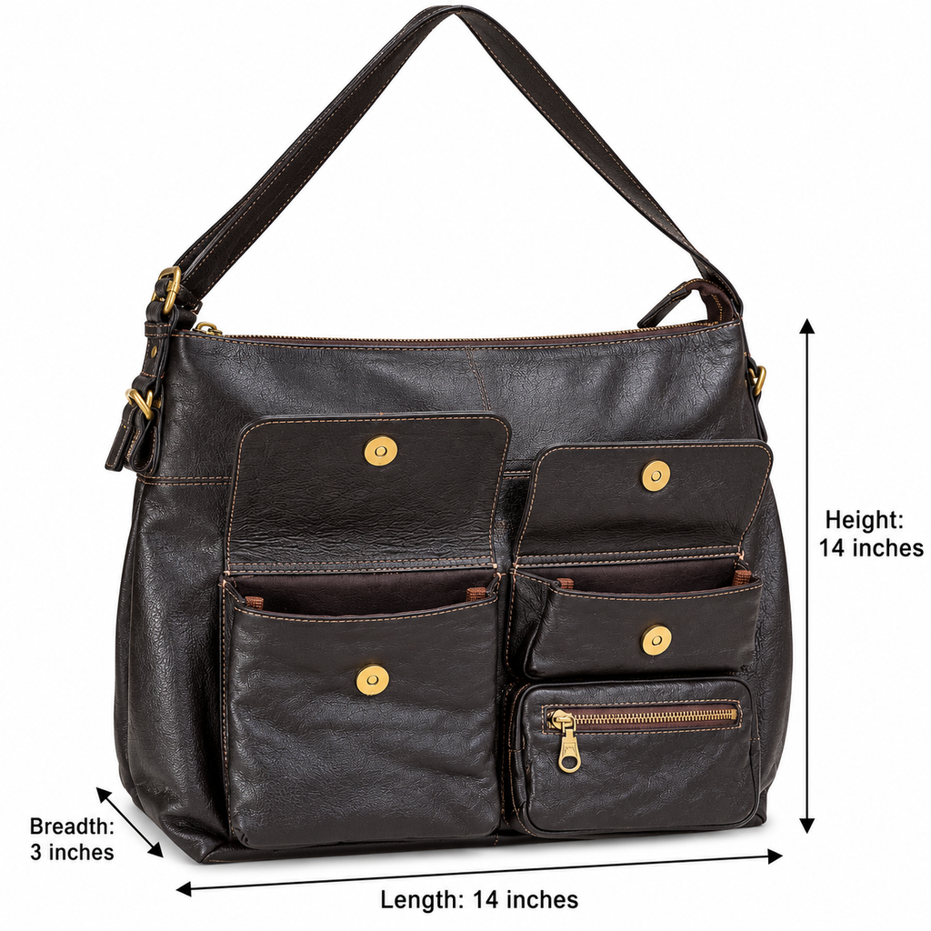 Product dimensions infographic for black ZARVÉN leather shoulder bag
