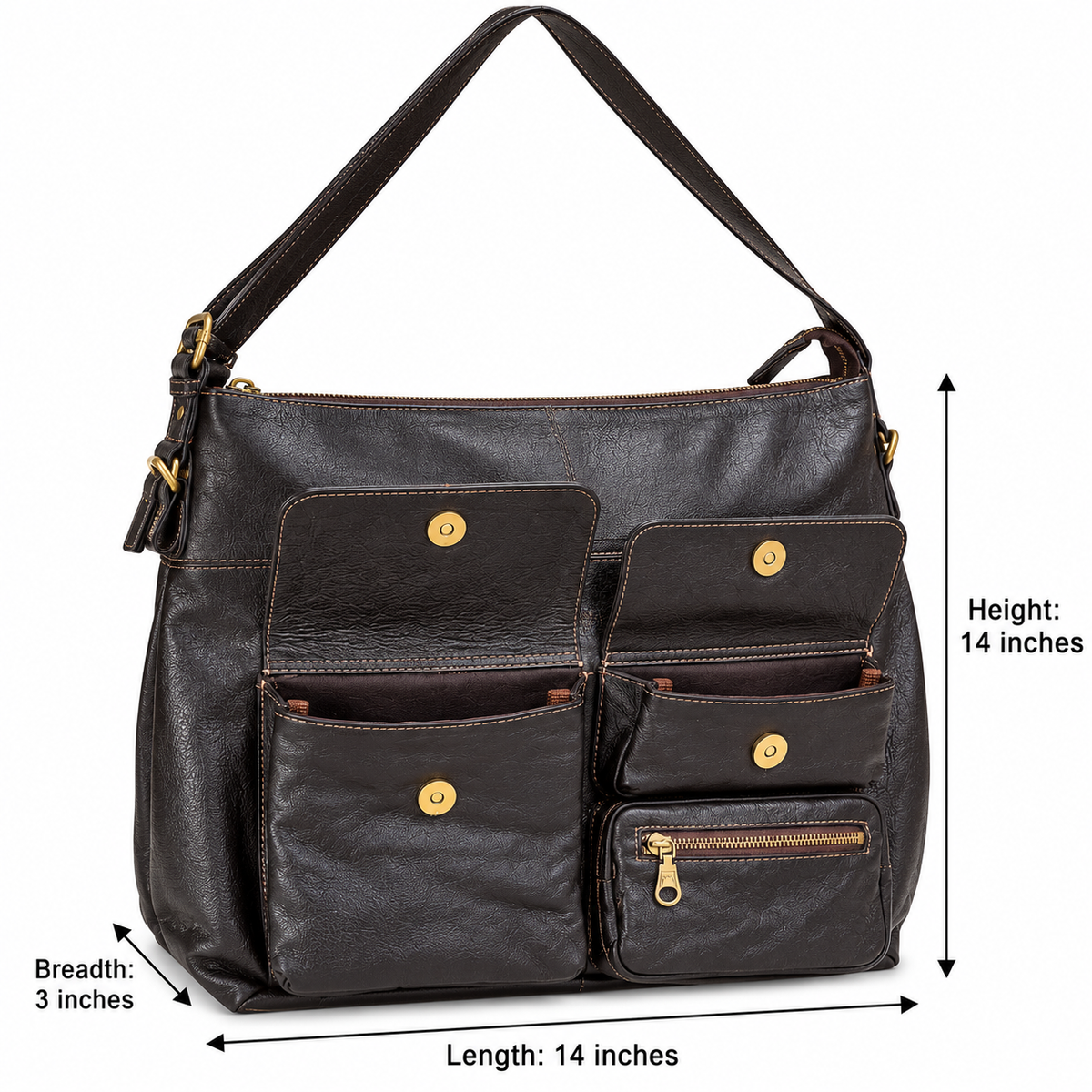 Product dimensions infographic for black ZARVÉN leather shoulder bag