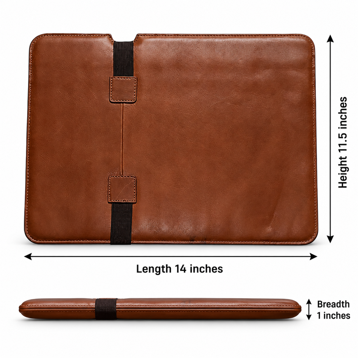 Measurement diagram for ZARVÉN cognac brown leather laptop sleeve