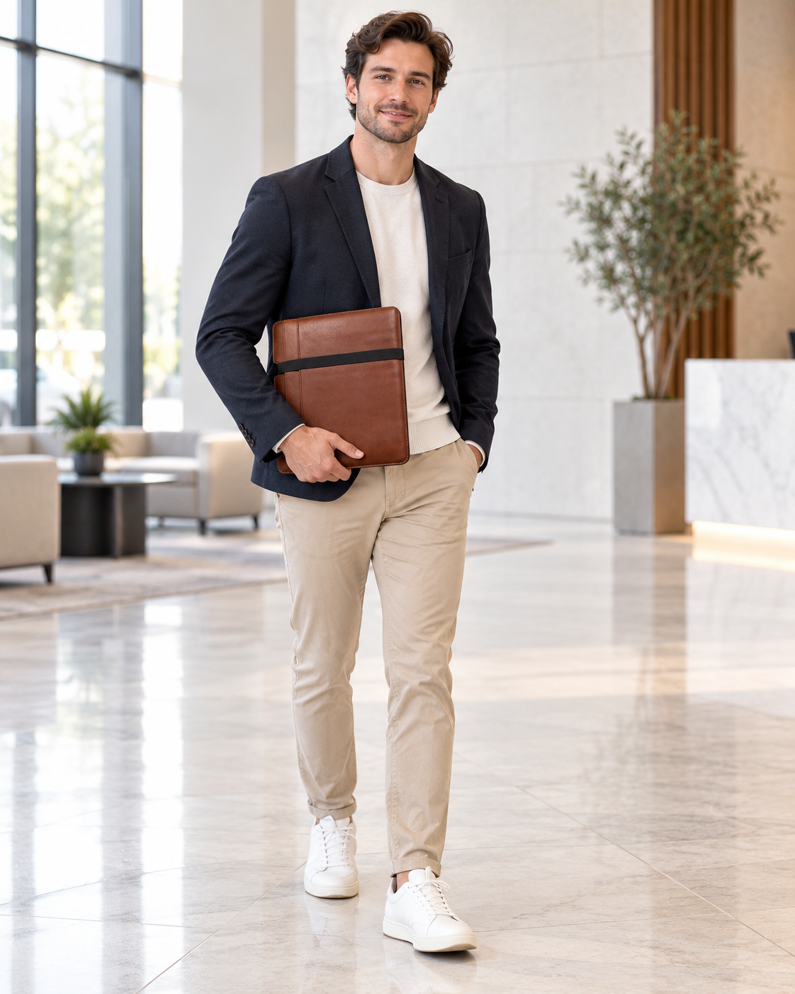 Person carrying a brown ZARVÉN leather laptop portfolio in a modern lobby