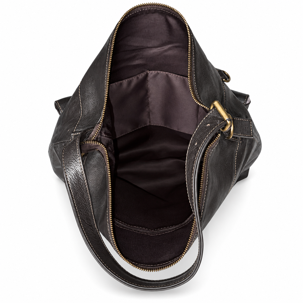 Open black leather shoulder bag showing inner storage compartments