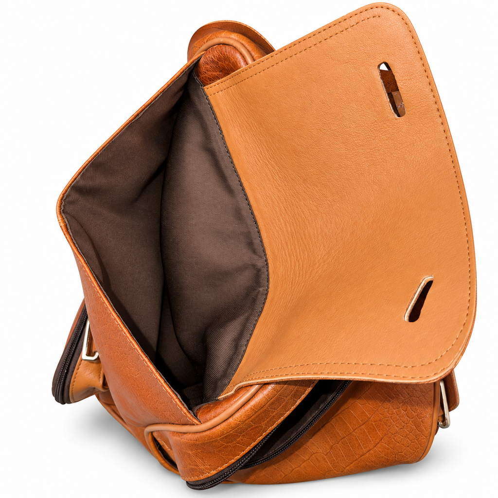 Open top view of ZARVÉN tan brown croc-textured leather backpack
