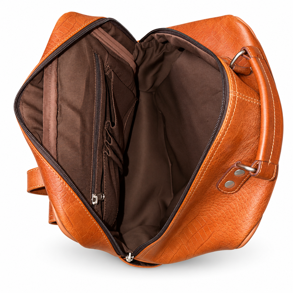 Inside view of tan brown ZARVÉN croc-textured leather backpack