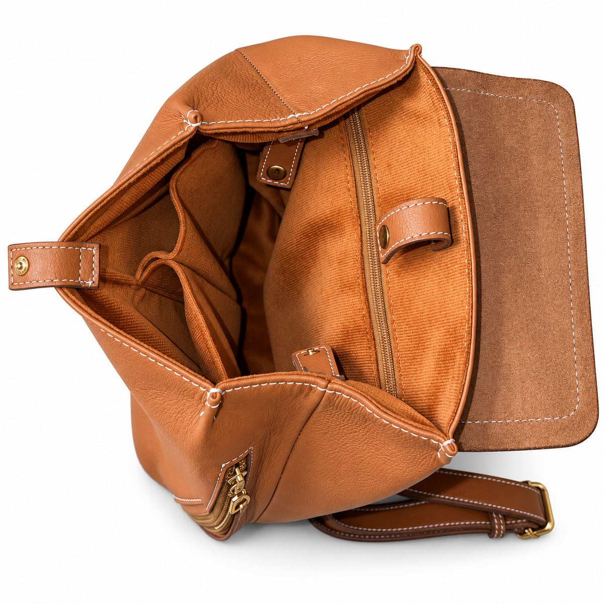 Open tan brown ZARVÉN Heritage backpack showing interior storage