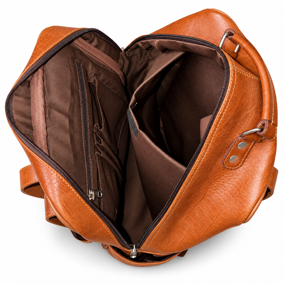 Close-up of interior storage in tan brown leather backpack