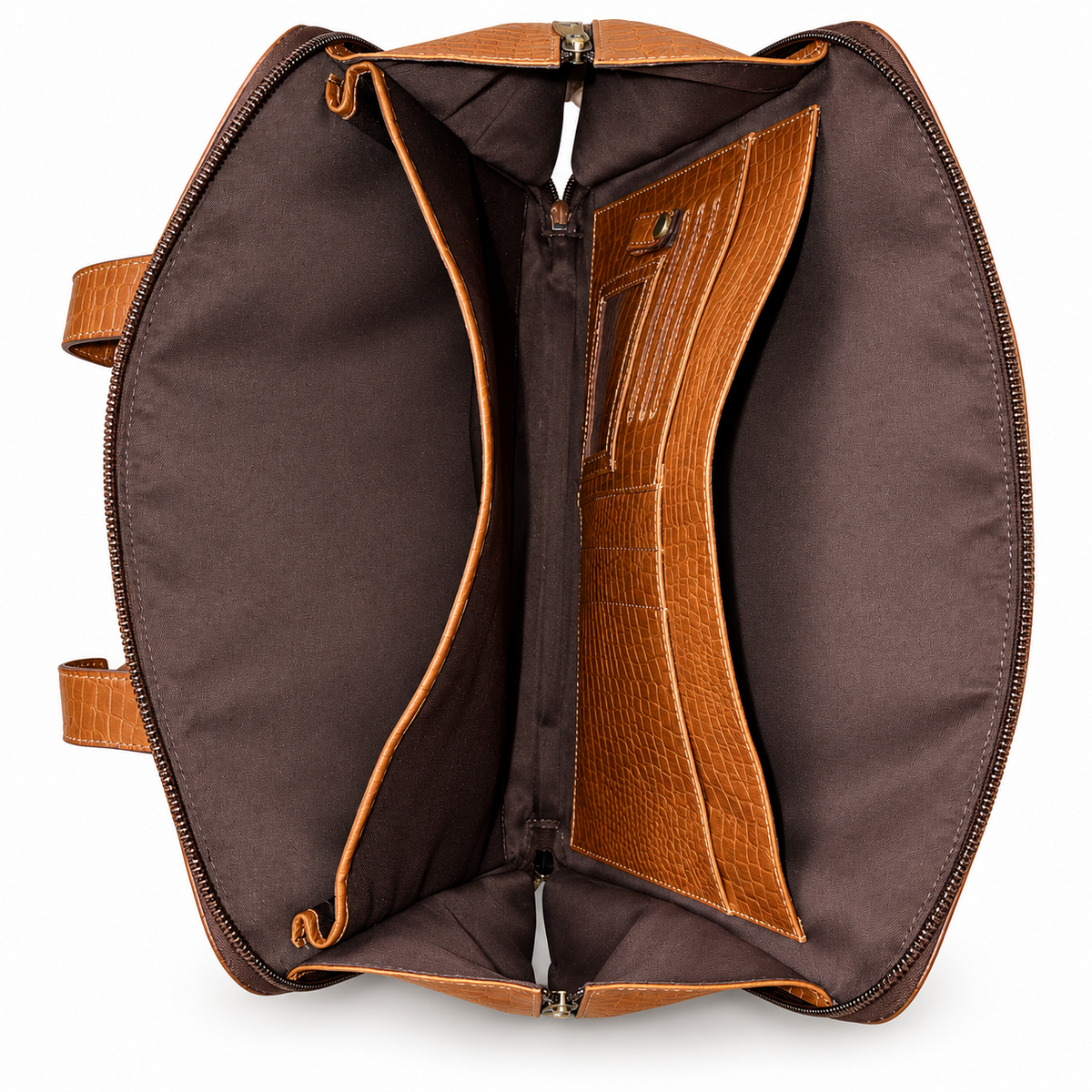 Inside compartments of brown briefcase