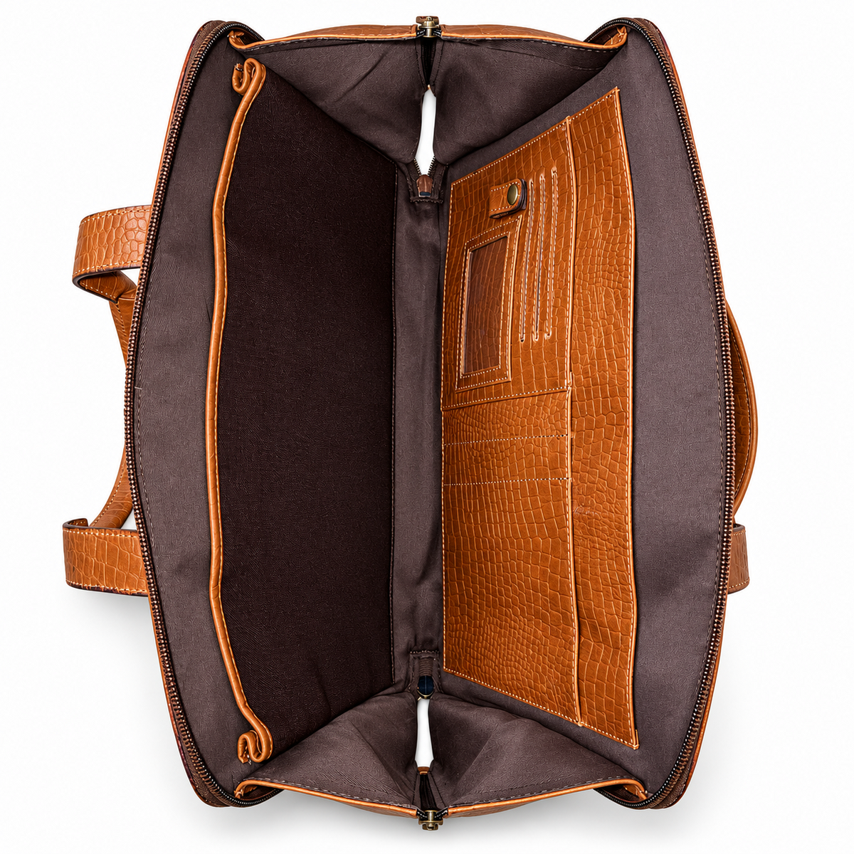 Interior organizer panel of brown briefcase
