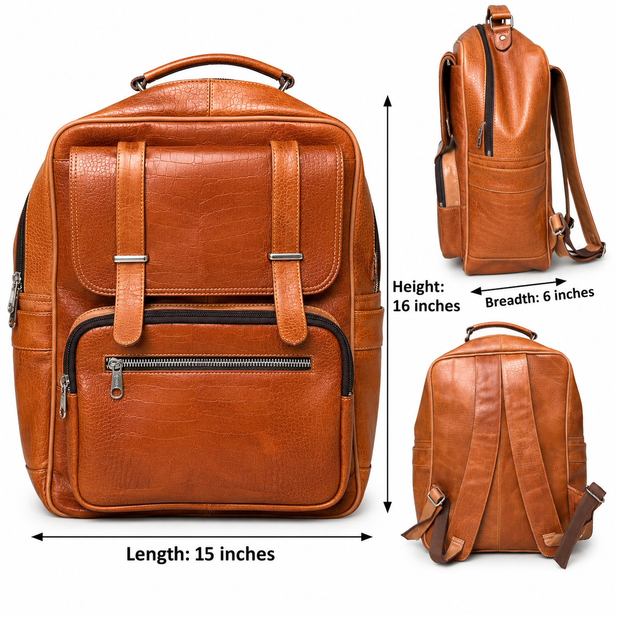 Dimensions diagram for tan brown ZARVÉN croc-textured leather backpack