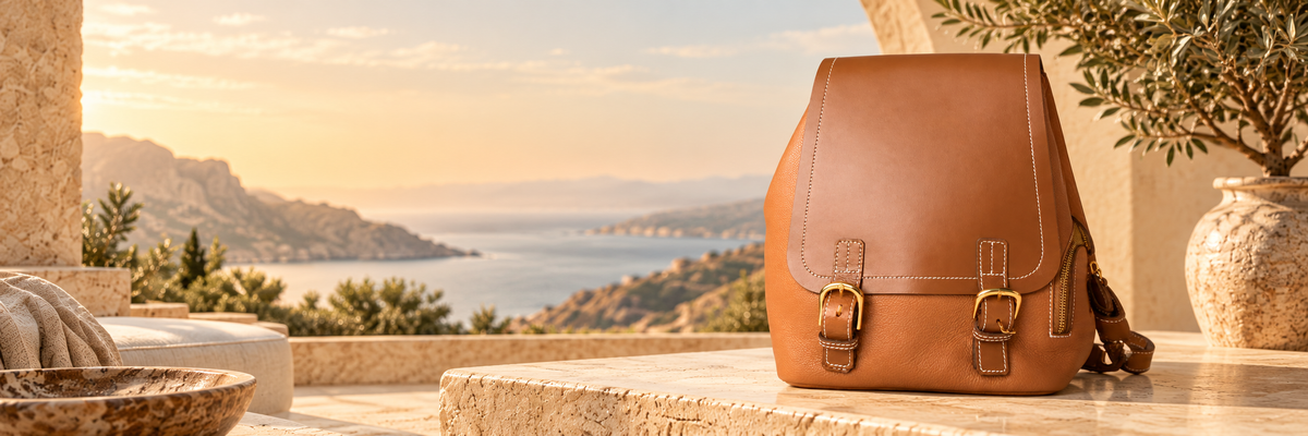 Tan twin-buckle ZARVÉN backpack in a sunlit stone terrace setting