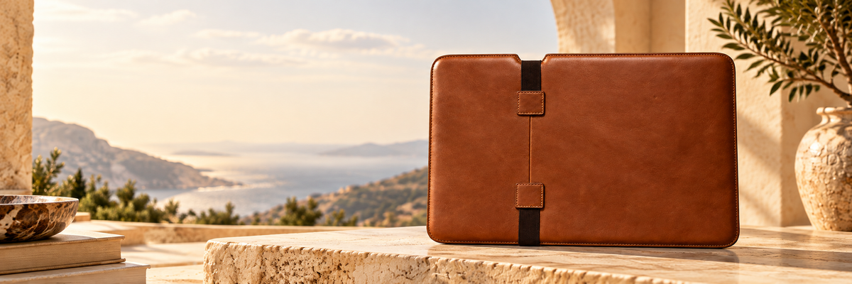Brown leather laptop sleeve with elastic closure strap in a sunlit stone setting